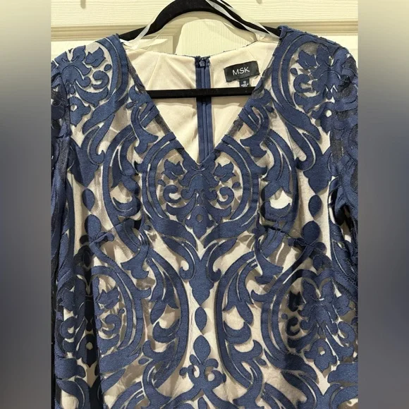 MSK Navy Blue Patterned bell Sleeve Dress with nude lining - Picture 2 of 9